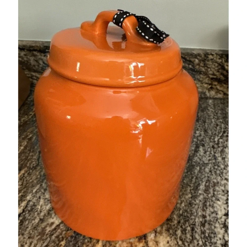 Rae Dunn HAPPY HALLOWEEN Large Chubby Orange Canister Cookie Candy Jar 8